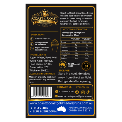 Blue Bubble Gum Snow Cone Syrups 2ltr - Coast to Coast Gold Medal Syrups®
