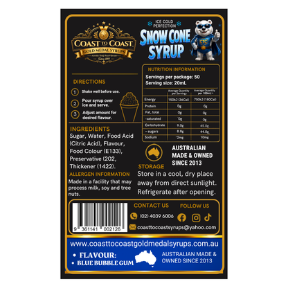 Blue Bubble Gum Snow Cone Syrups 2ltr - Coast to Coast Gold Medal Syrups®