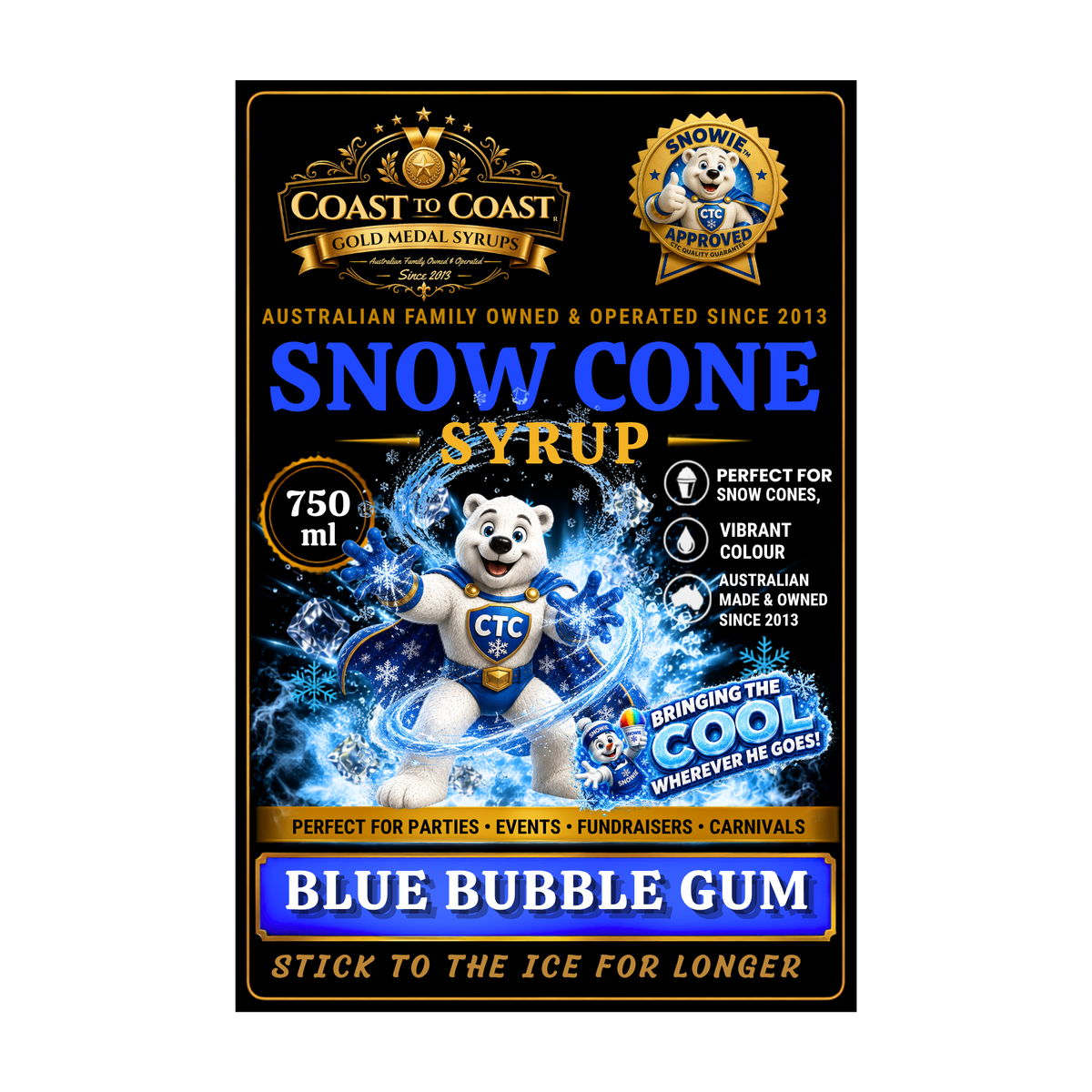 Blue Bubble Gum Snow Cone Syrups 750ml - Coast to Coast Gold Medal Syrups®