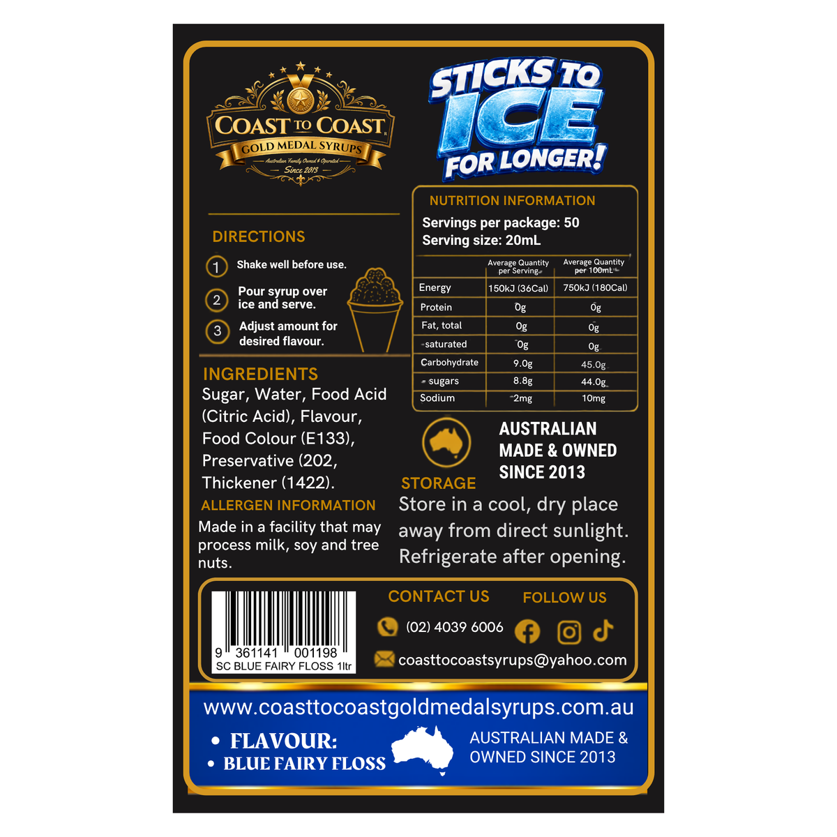 Blue Fairy Floss Snow Cone Syrups 1ltr - Coast to Coast Gold Medal Syrups®