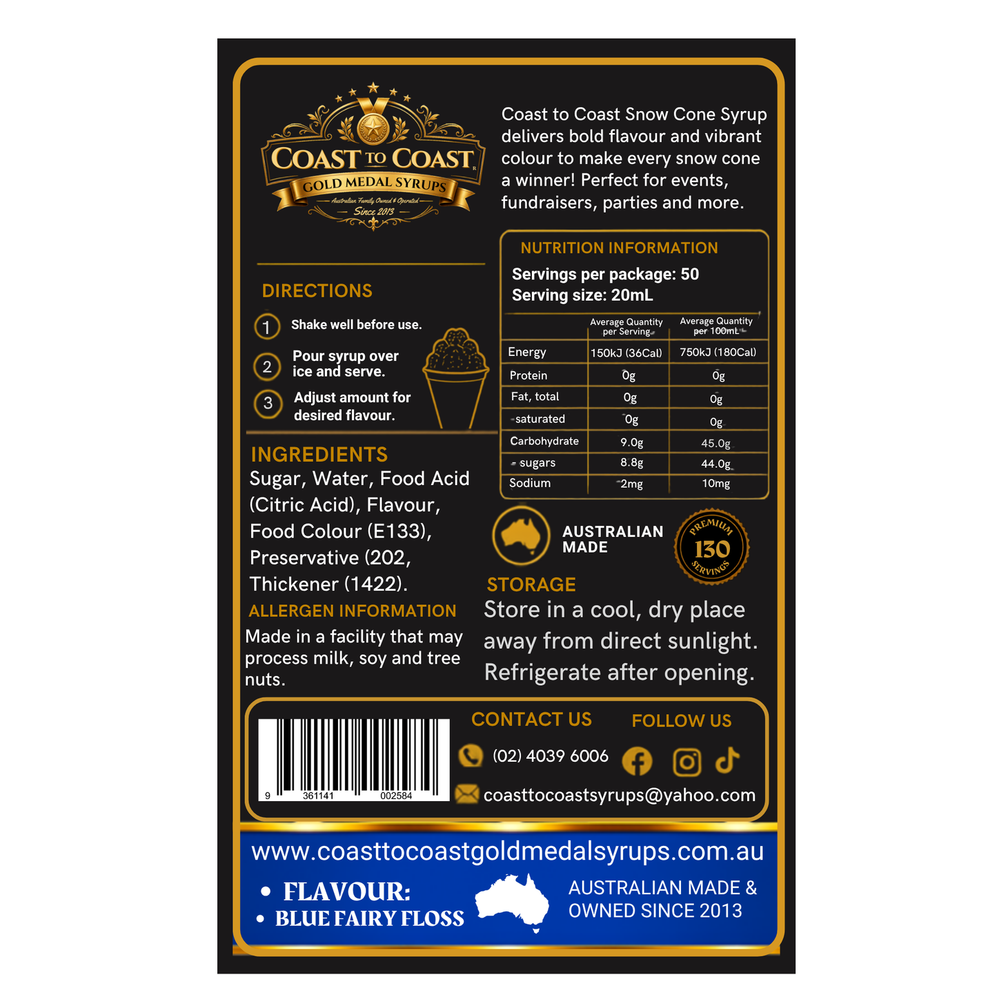 Blue Fairy Floss Snow Cone Syrups 4ltr - Coast to Coast Gold Medal Syrups®