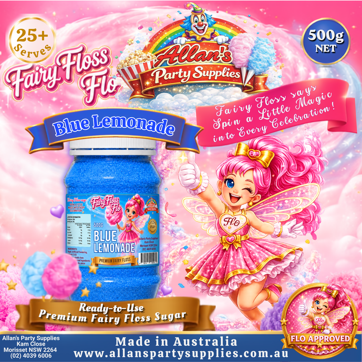 Blue Lemonade Fairy Floss Sugar – 500g Jar - Allan's Party Supplies