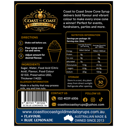 Blue Lemonade Snow Cone Syrups 1ltr - Coast to Coast Gold Medal Syrups®