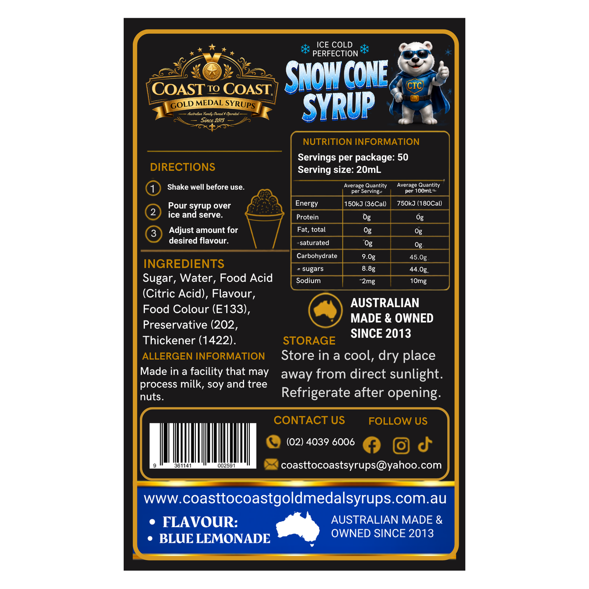 Blue Lemonade Snow Cone Syrups 4ltr - Coast to Coast Gold Medal Syrups®