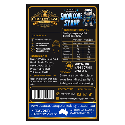 Blue Lemonade Snow Cone Syrups 4ltr - Coast to Coast Gold Medal Syrups®