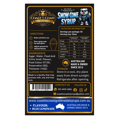 Blue Lemonade Snow Cone Syrups 2ltr - Coast to Coast Gold Medal Syrups®