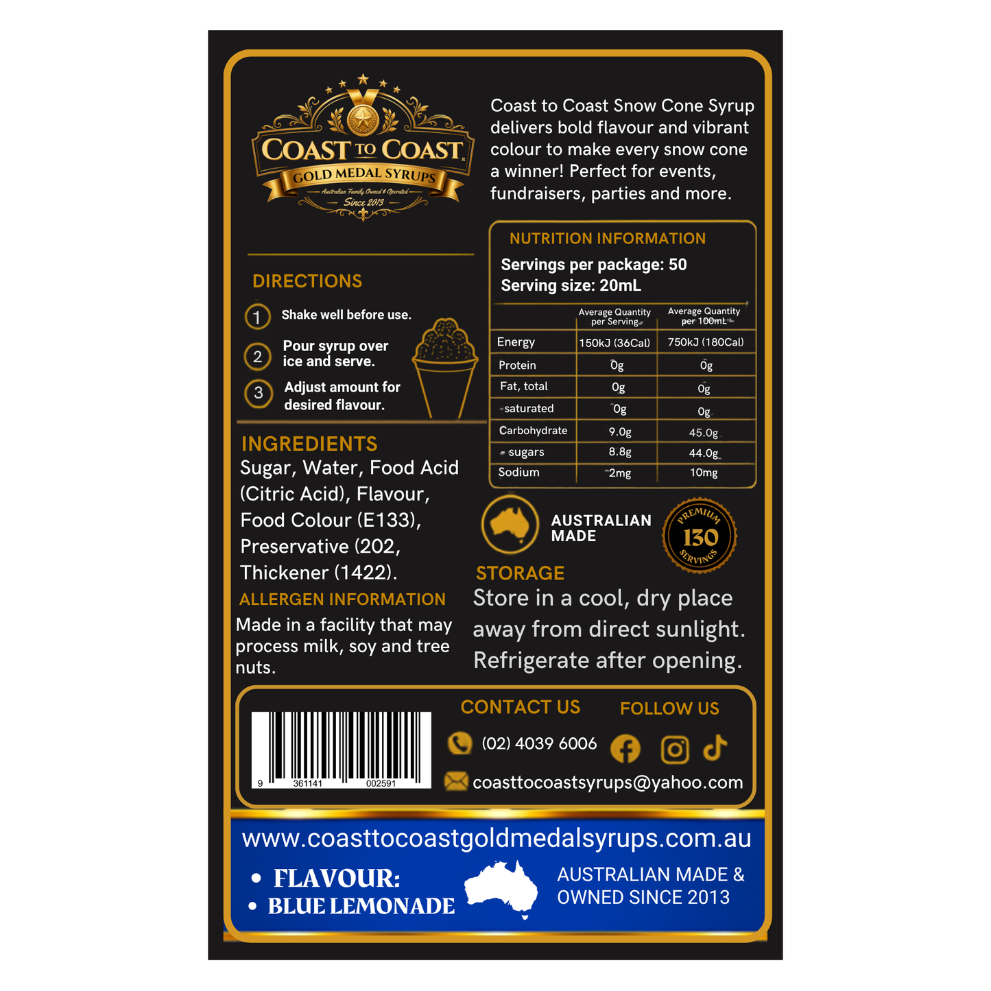 Blue Lemonade Snow Cone Syrups 4ltr - Coast to Coast Gold Medal Syrups®