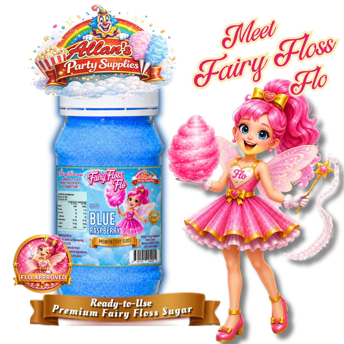 Blue Raspberry Fairy Floss Sugar – 500g Jar - Allan's Party Supplies