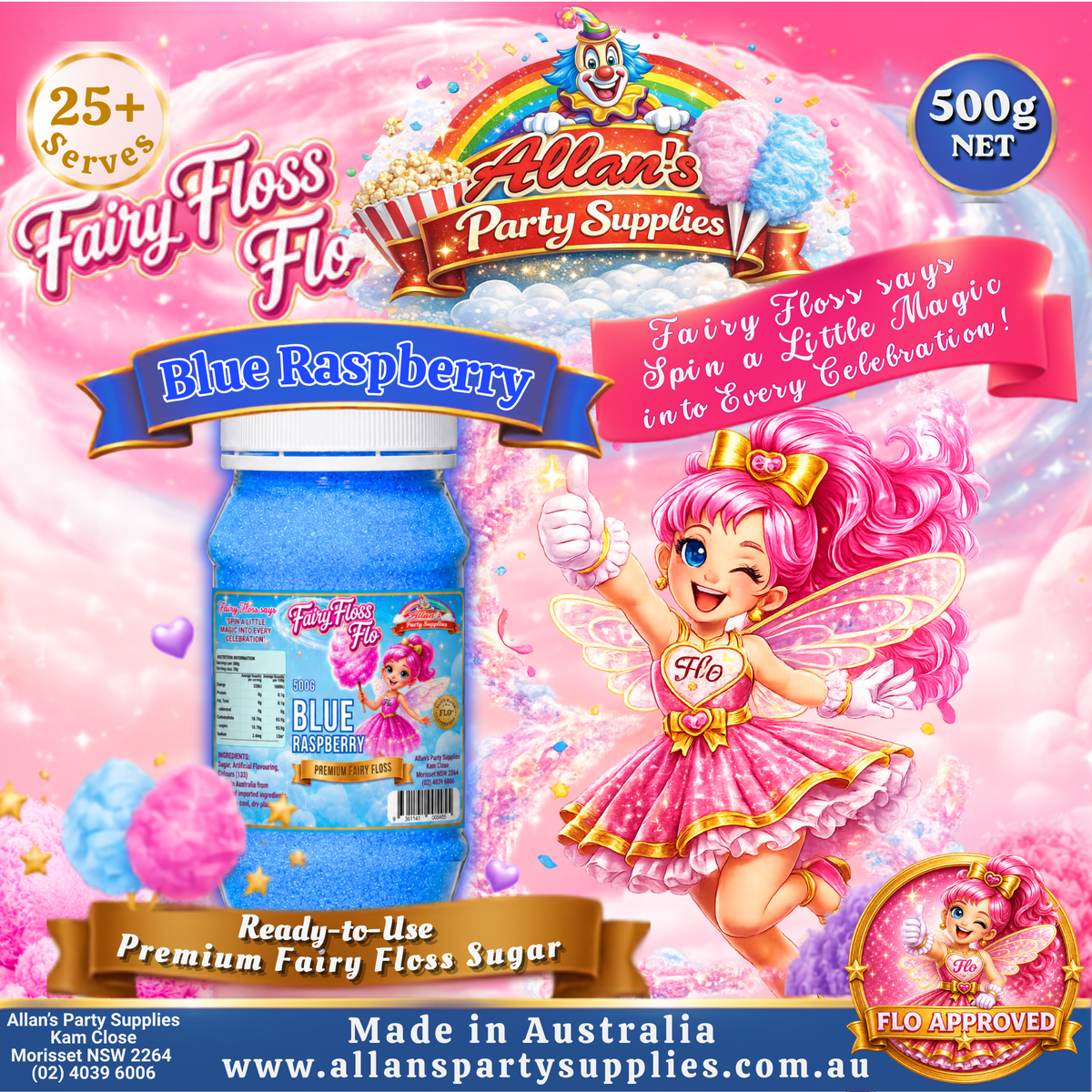Blue Raspberry Fairy Floss Sugar – 500g Jar - Allan's Party Supplies
