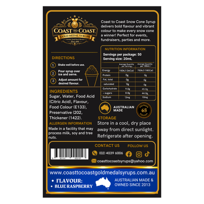 Blue Raspberry Snow Cone Syrups 2ltr - Coast to Coast Gold Medal Syrups®