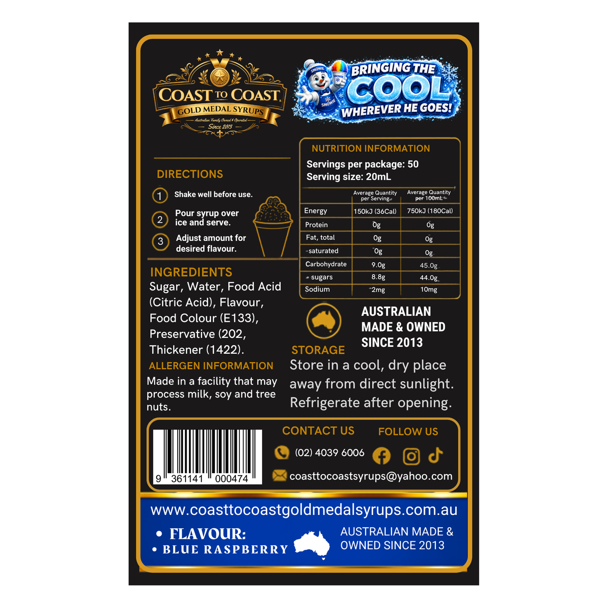 Blue Raspberry Snow Cone Syrups 375ml - Coast to Coast Gold Medal Syrups®