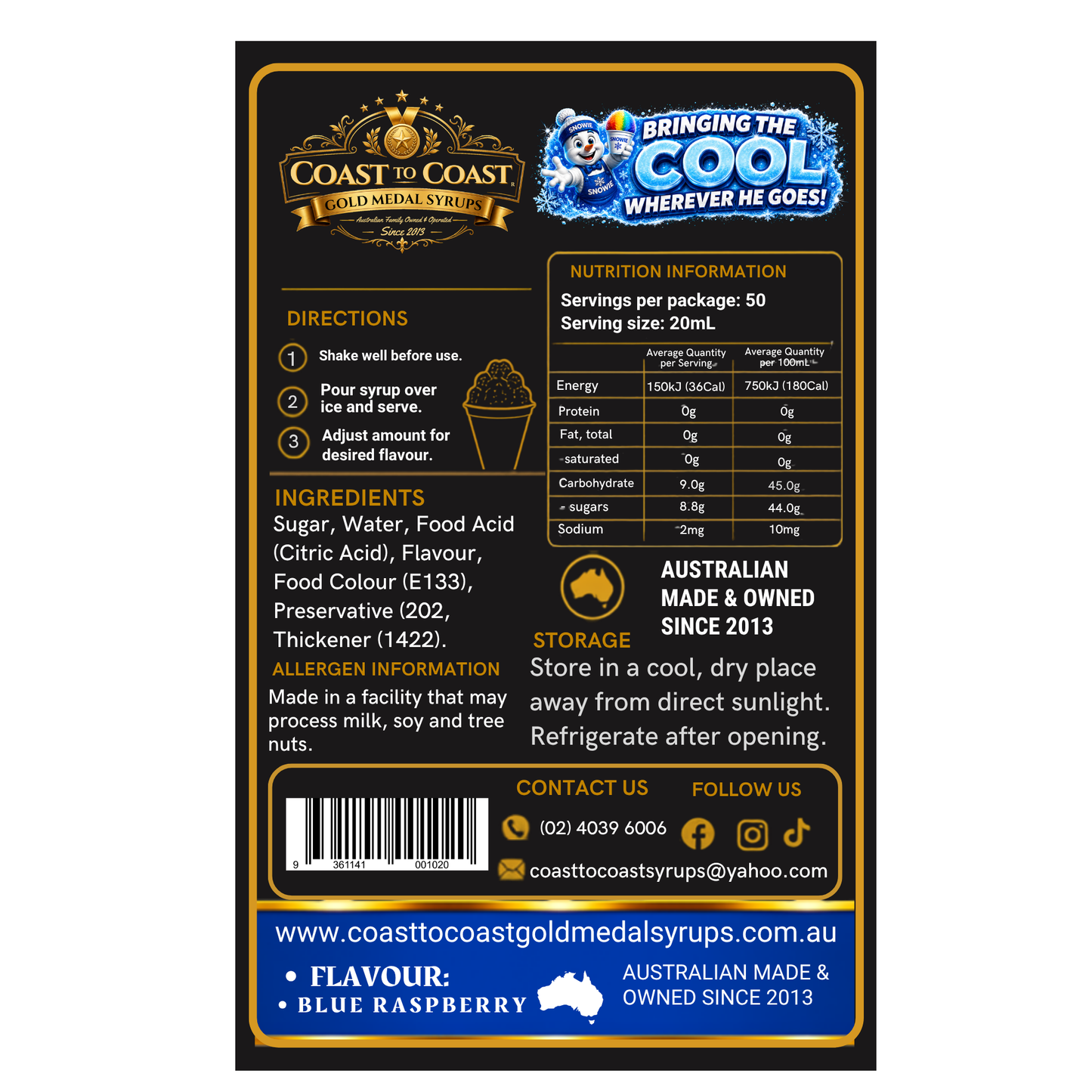 Blue Raspberry Snow Cone Syrups 750ml - Coast to Coast Gold Medal Syrups®