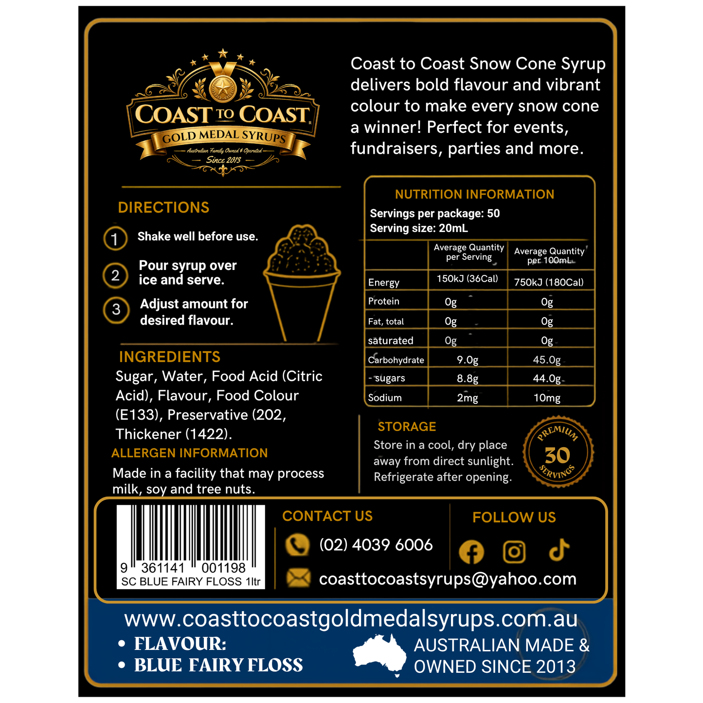 Blue Fairy Floss Snow Cone Syrups 1ltr - Coast to Coast Gold Medal Syrups®