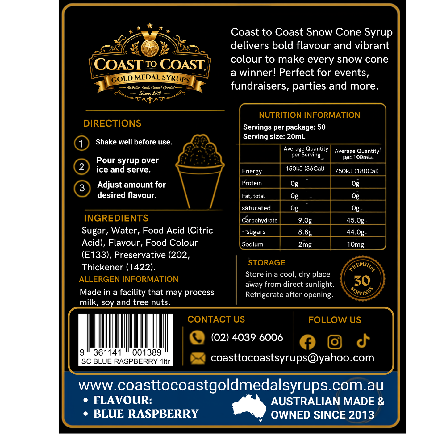 Blue Raspberry Snow Cone Syrups 1ltr - Coast to Coast Gold Medal Syrups®