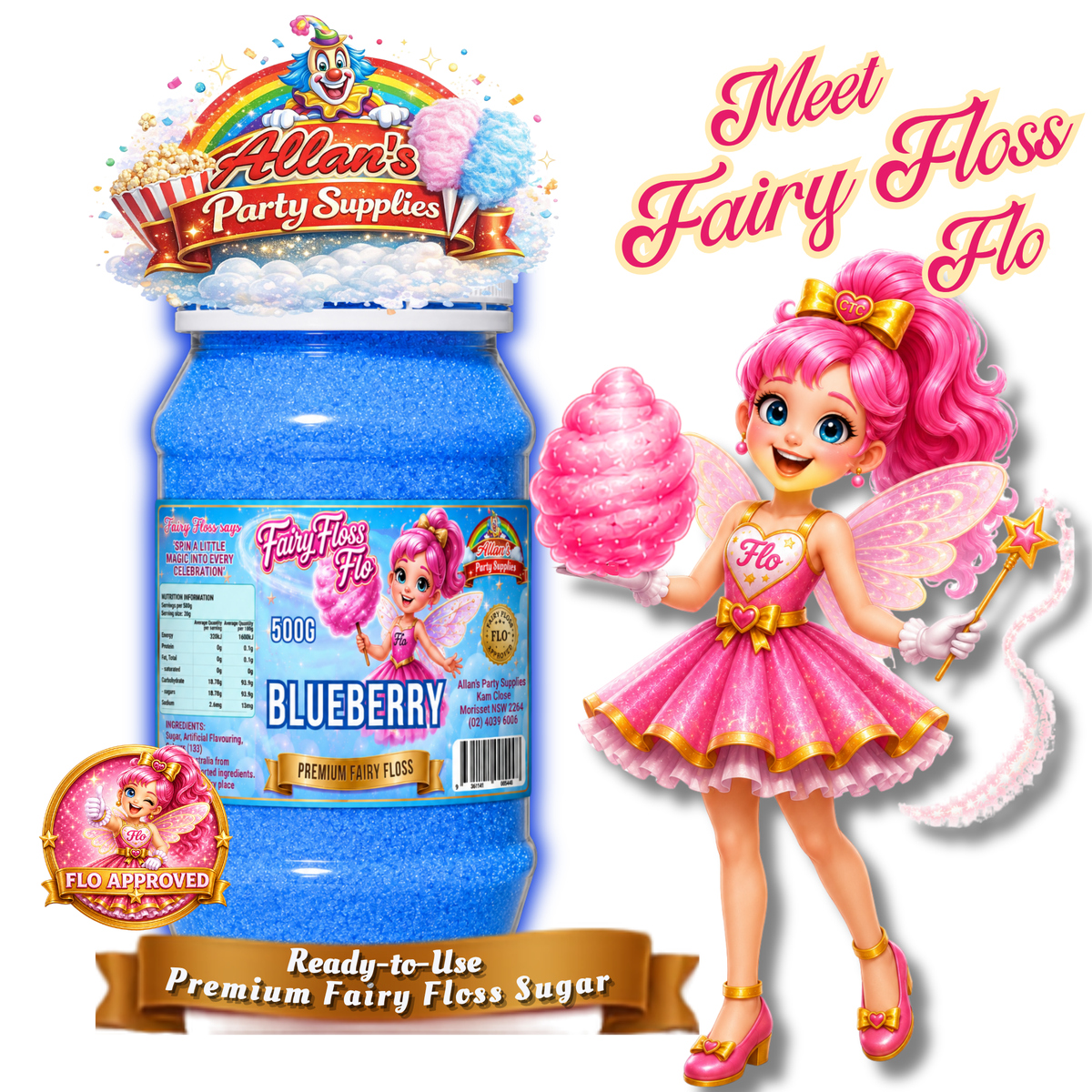 Blueberry Fairy Floss Sugar – 500g Jar - Allan's Party Supplies