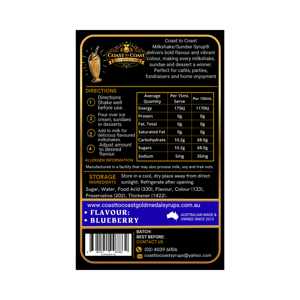 Blueberry, Milkshake-Sundae Toppings 4ltr with pump - Coast to Coast Gold Medal Syrups®