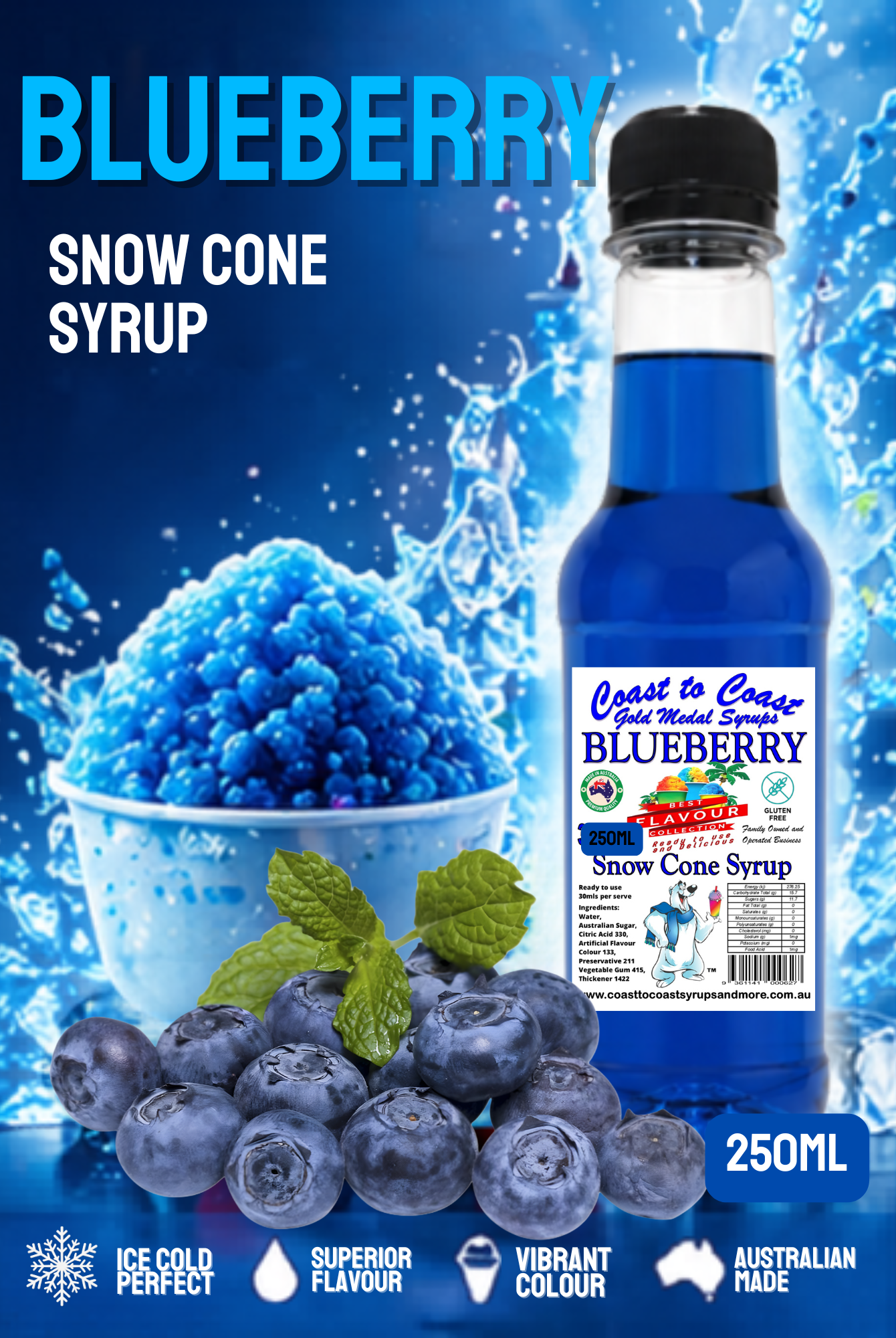 1.Blueberry Snow Cone Syrup 250ml – Premium Ice Syrup | Coast to Coast Gold Medal Syrups®