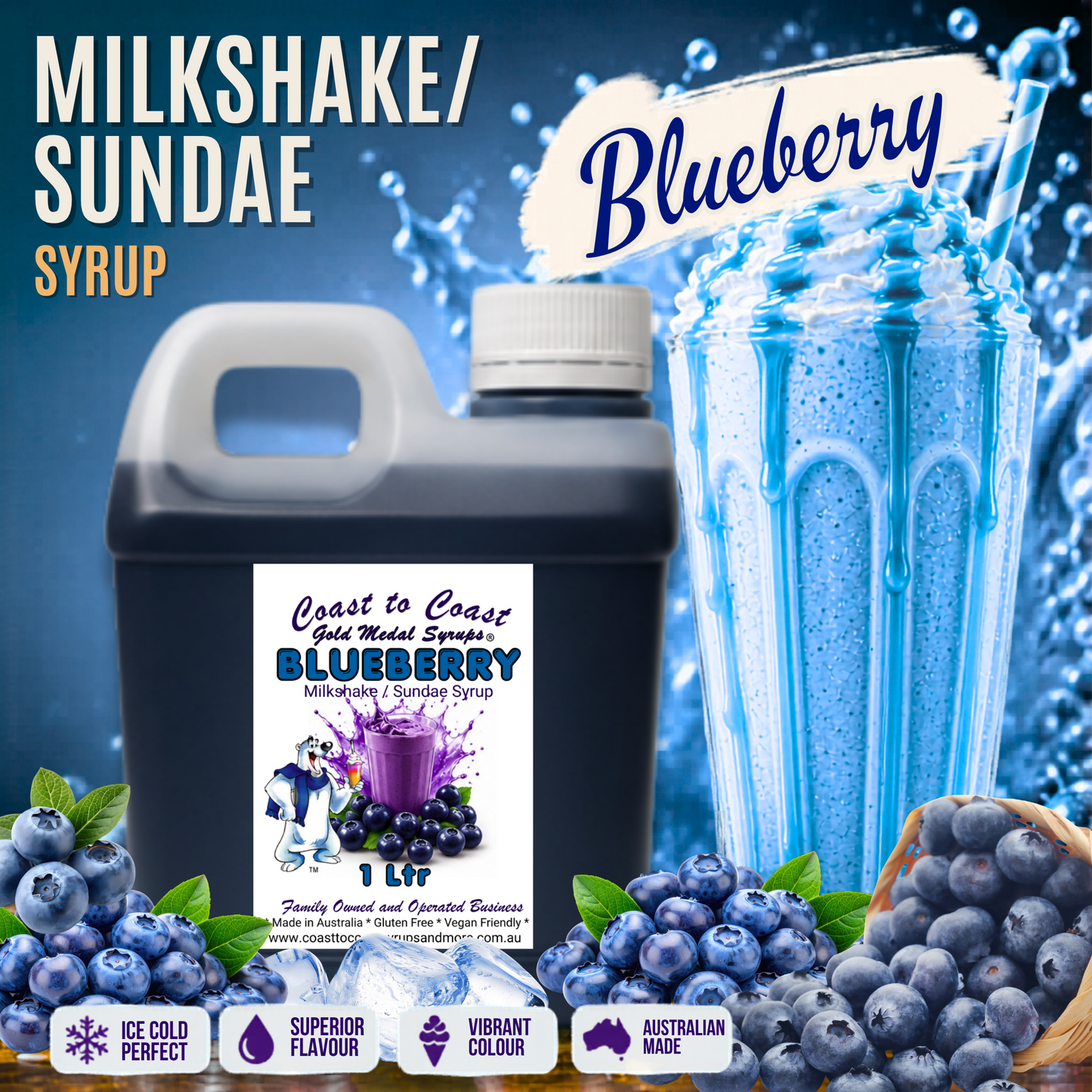 #2 Blueberry, Milkshake/Sundae toppings 1ltr, Coast to Coast Gold Medal Syrups®
