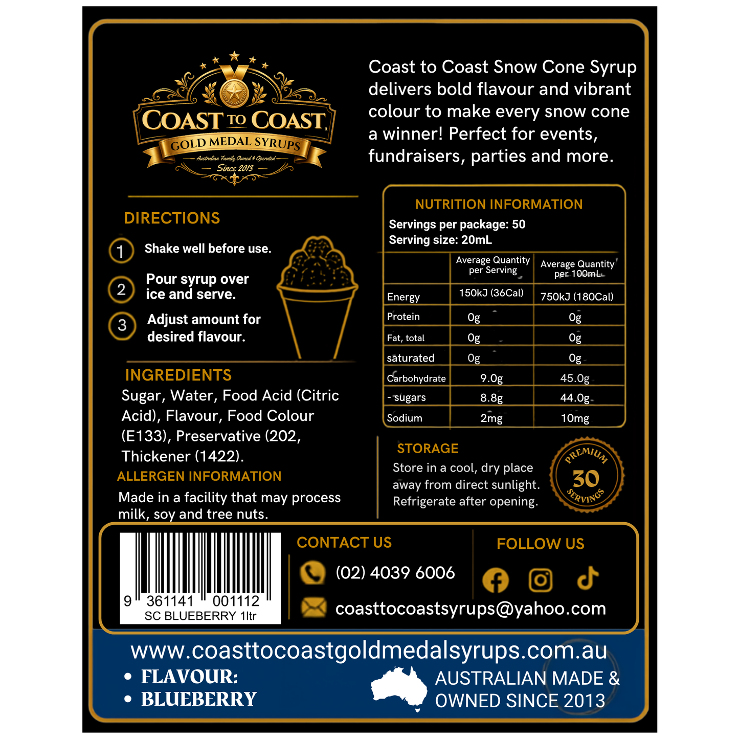 Blueberry Snow Cone Syrups 1ltr - Coast to Coast Gold Medal Syrups®