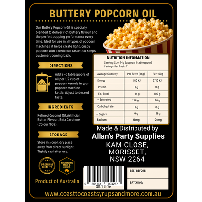 Premium Buttery Popcorn Oil 1ltr - Coast to Coast Gold Medal Syrups®