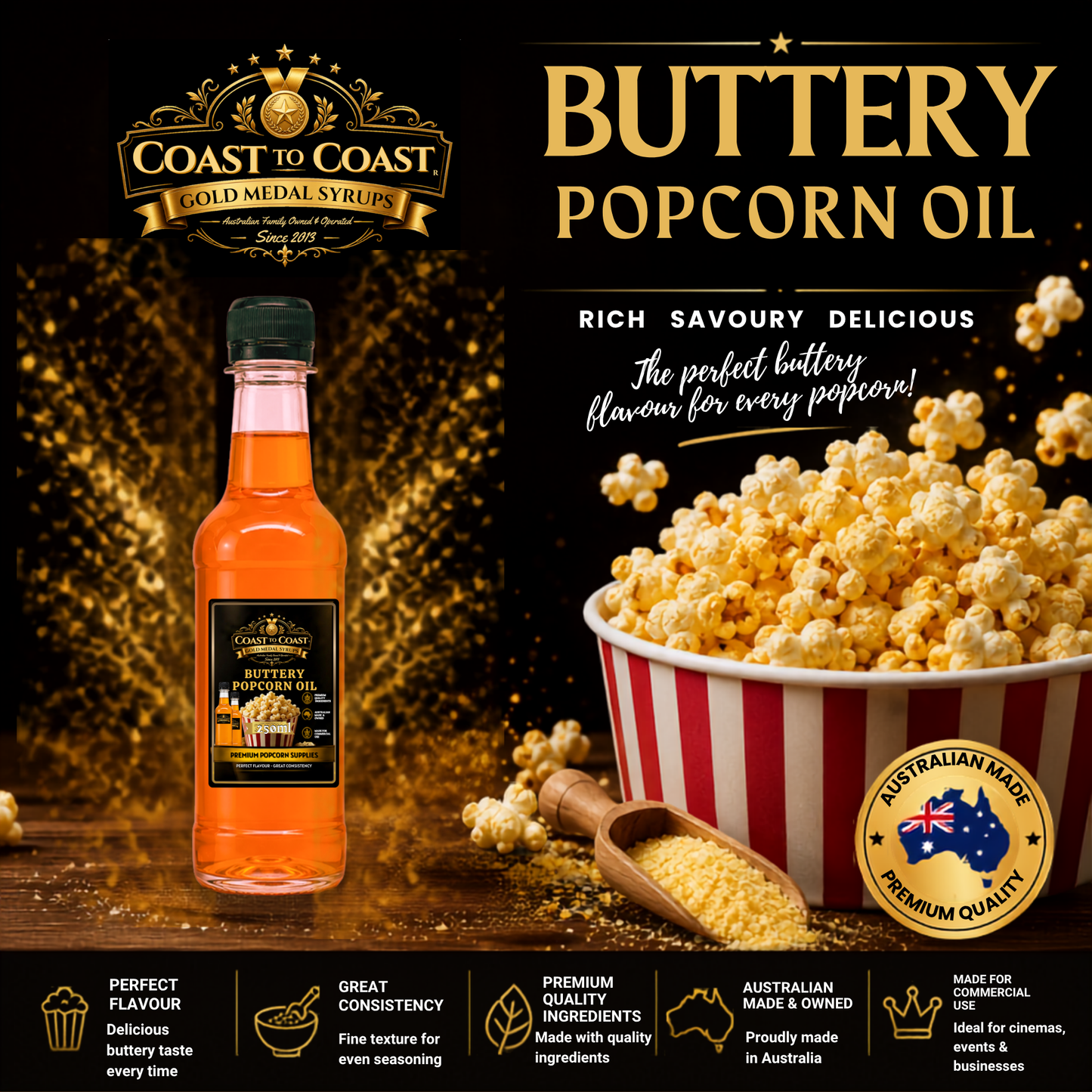 Premium Buttery Popcorn Oil 250ml - Coast to Coast Gold Medal Syrups®