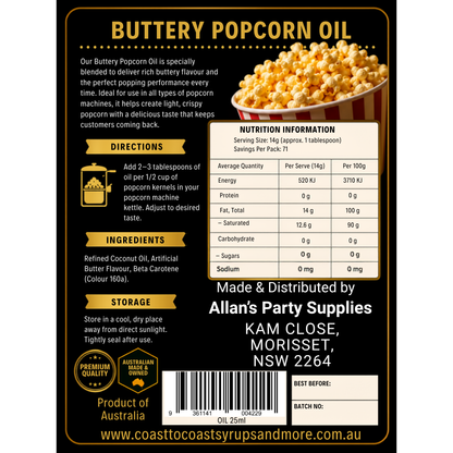Premium Buttery Popcorn Oil 250ml - Coast to Coast Gold Medal Syrups®