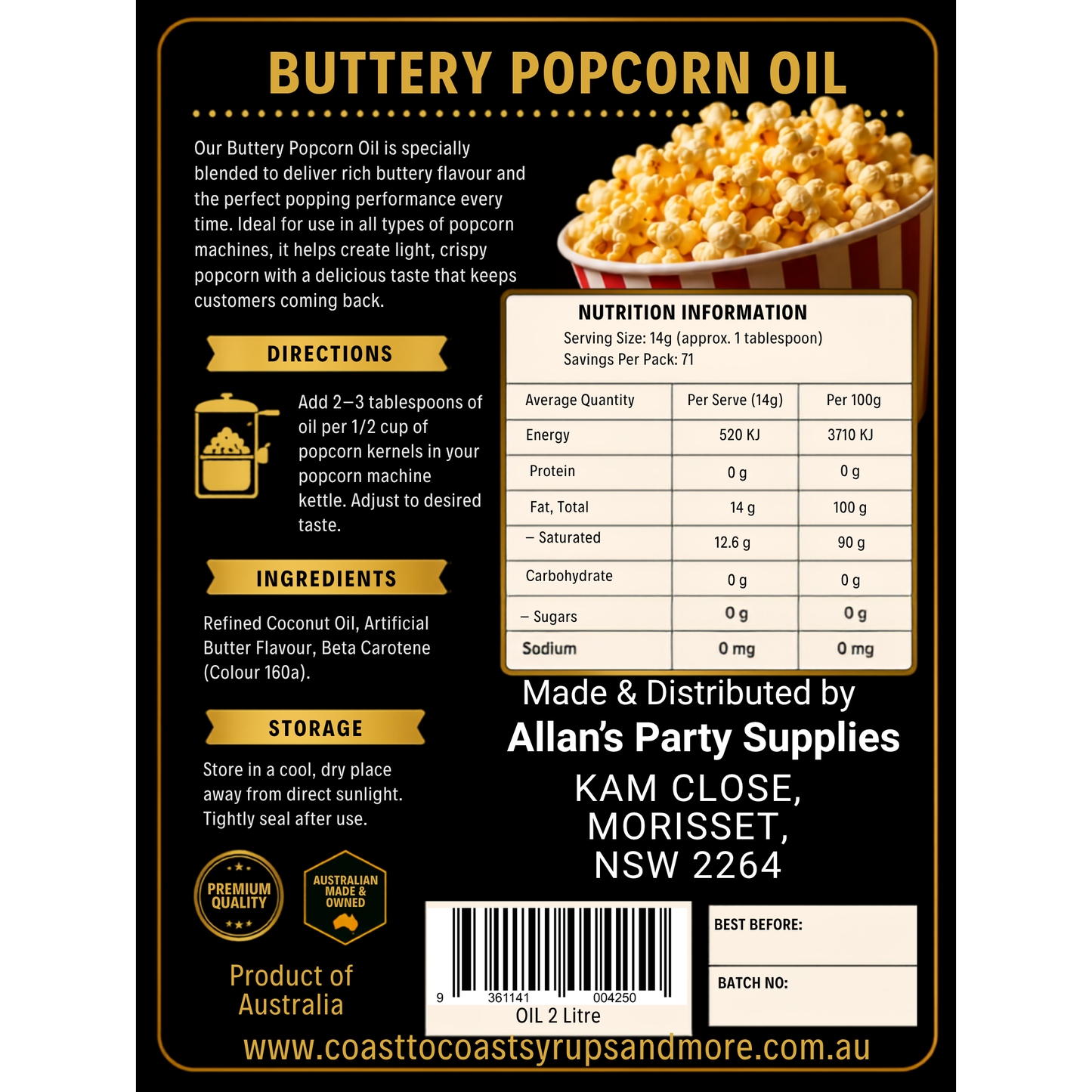 Premium Buttery Popcorn Oil 2ltr - Coast to Coast Gold Medal Syrups®