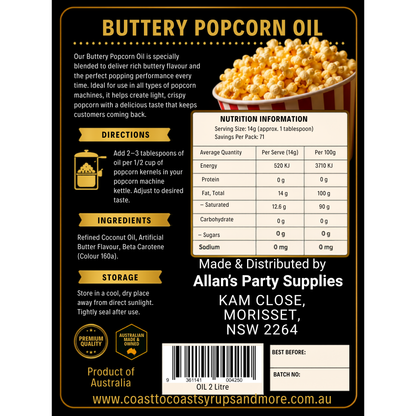 Premium Buttery Popcorn Oil 2ltr - Coast to Coast Gold Medal Syrups®