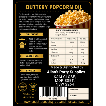 Premium Buttery Popcorn Oil 4ltr - Coast to Coast Gold Medal Syrups®