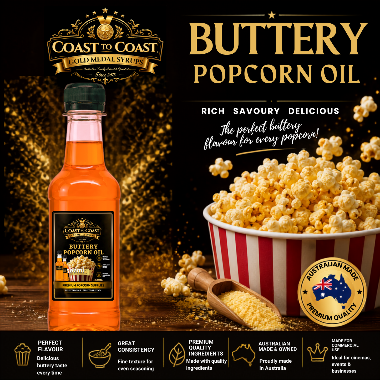 Premium Buttery Popcorn Oil 500ml - Coast to Coast Gold Medal Syrups®