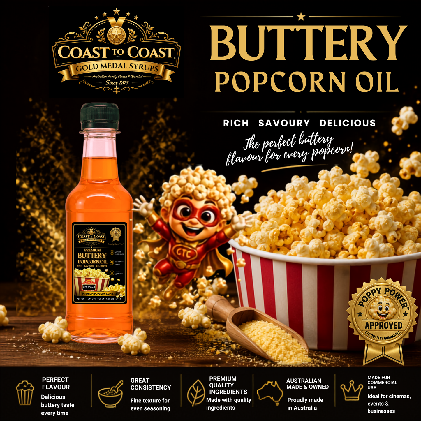 Premium Buttery Popcorn Oil 500ml - Coast to Coast Gold Medal Syrups®
