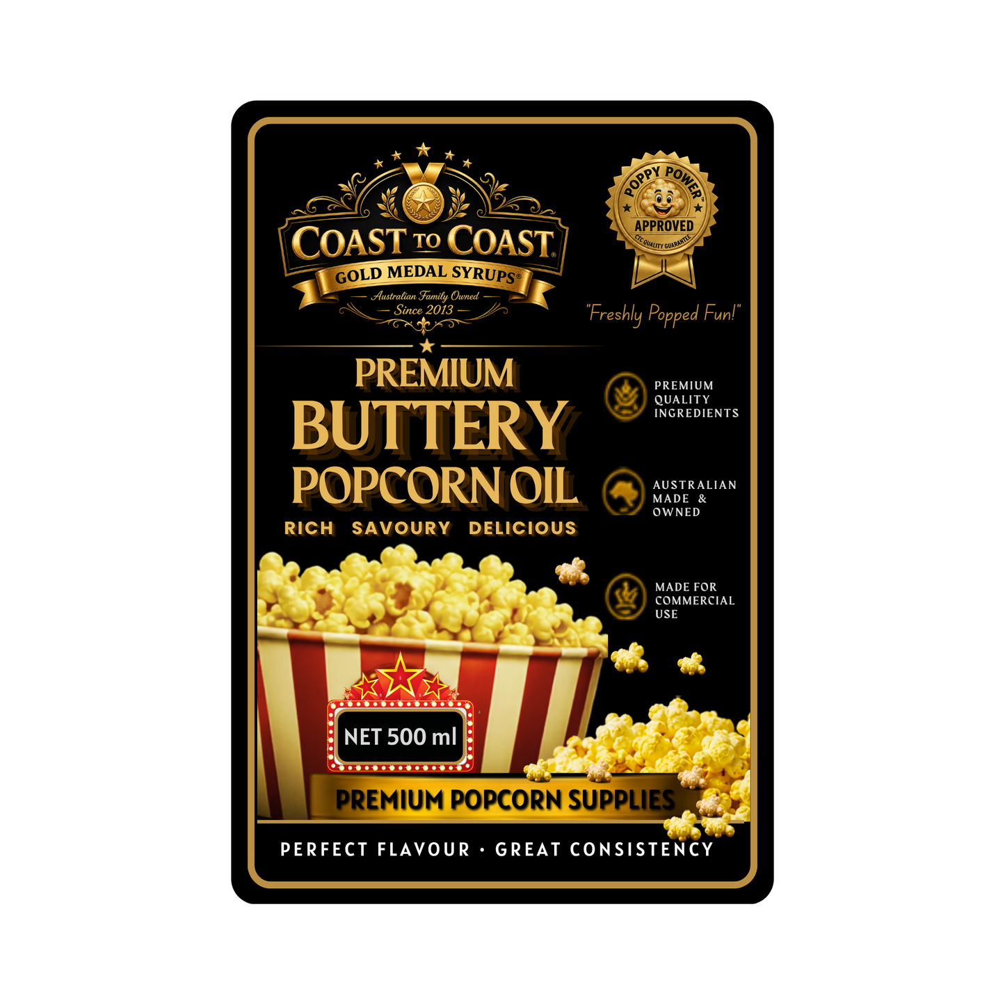 Premium Buttery Popcorn Oil 500ml - Coast to Coast Gold Medal Syrups®