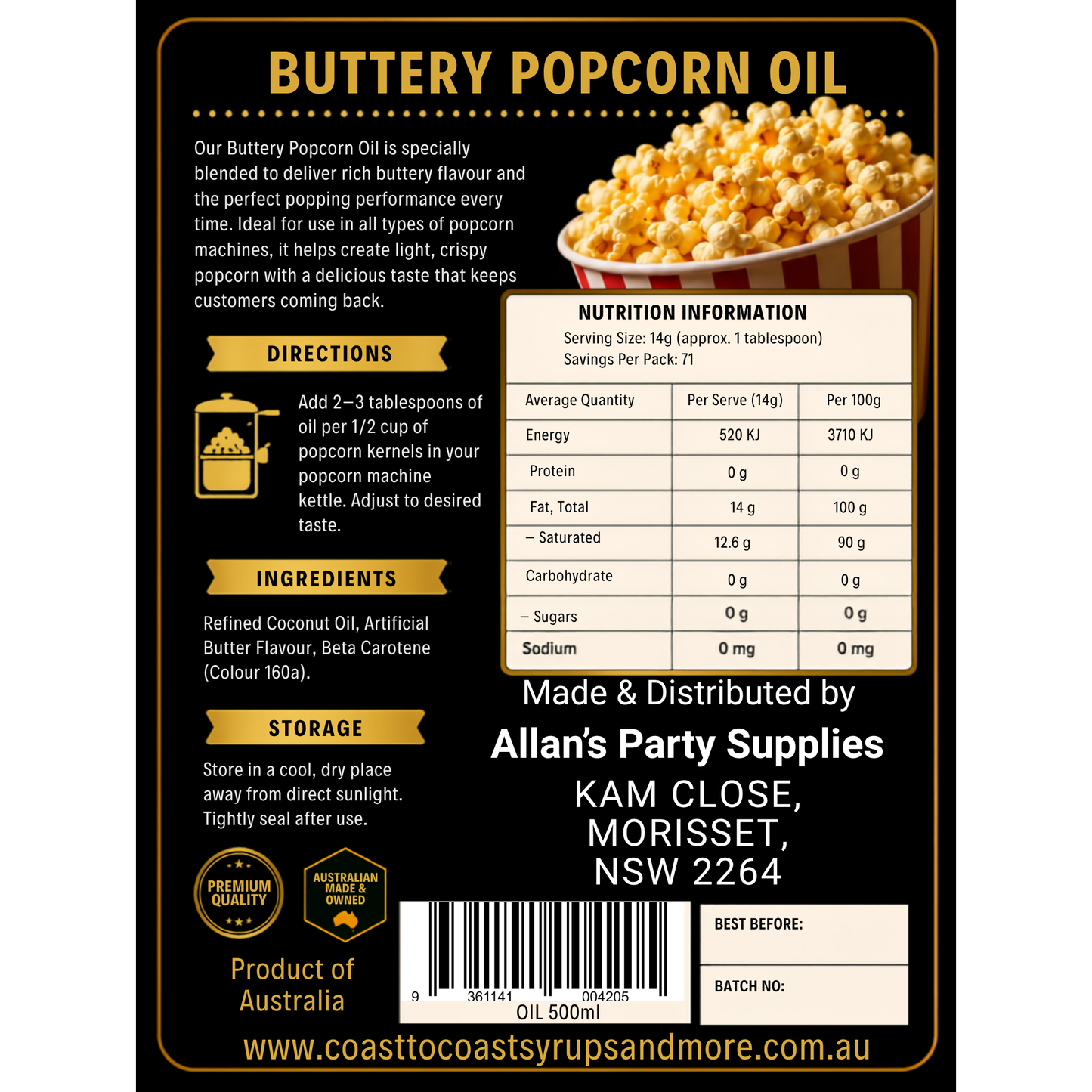 Premium Buttery Popcorn Oil 500ml - Coast to Coast Gold Medal Syrups®