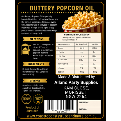 Premium Buttery Popcorn Oil 500ml - Coast to Coast Gold Medal Syrups®