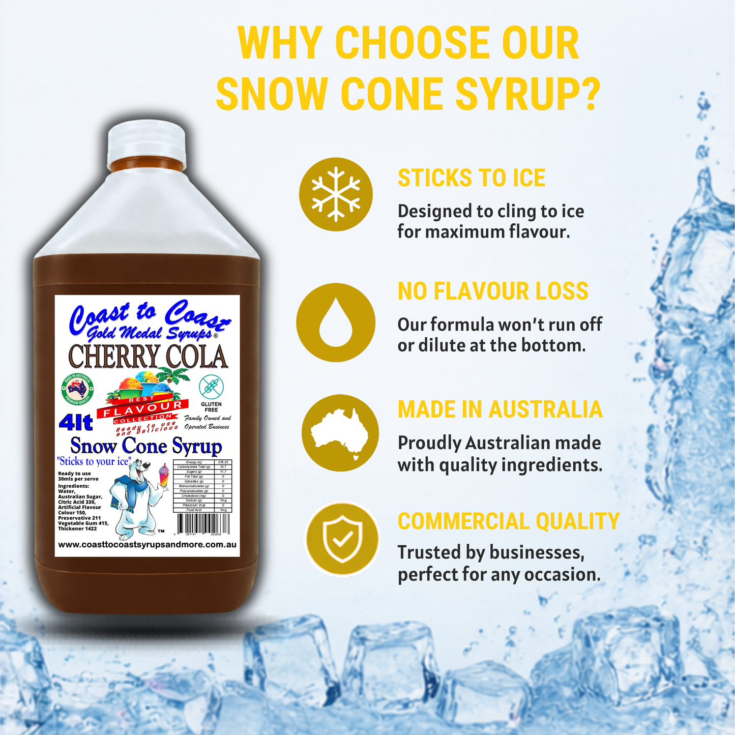 6 Cherry Cola Snow Cone Syrup, 4Ltr, Premium Ice Syrup, Coast to Coast Gold Medal Syrups®