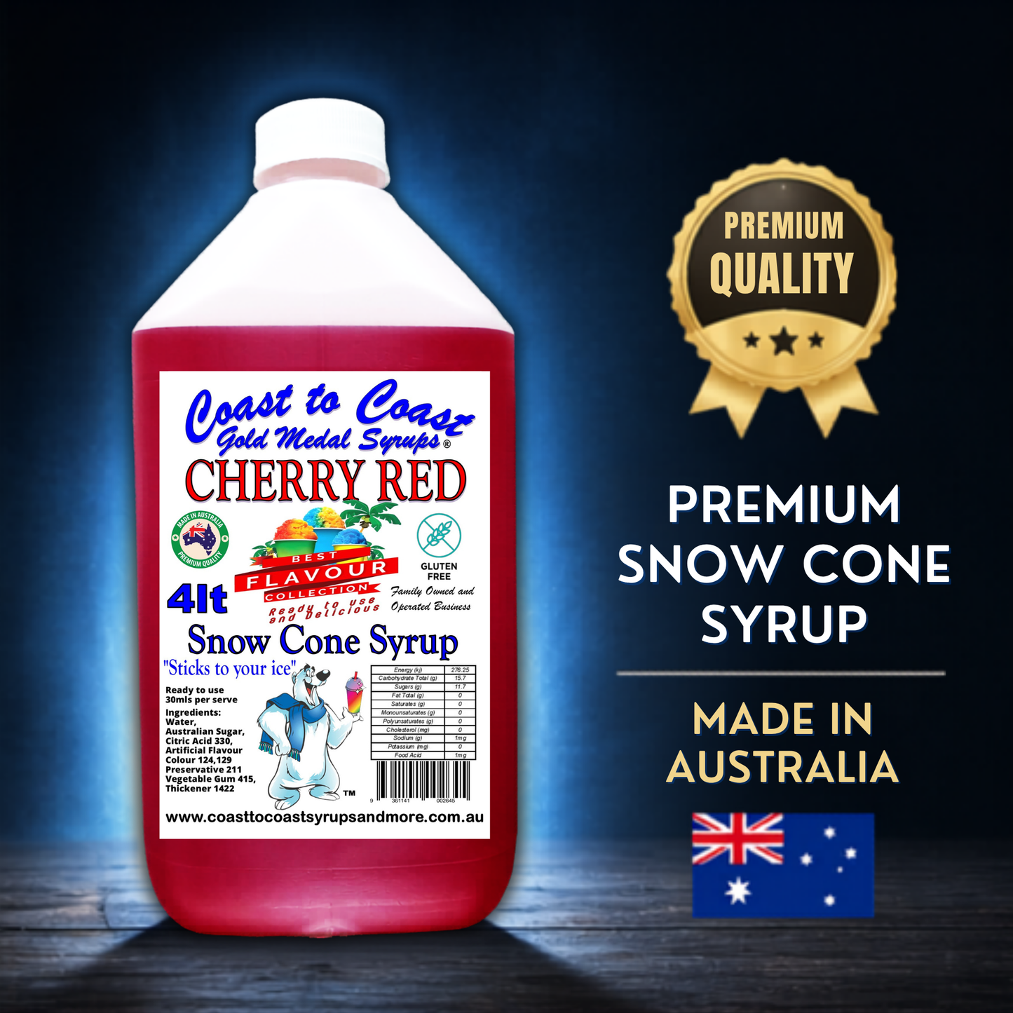 6 Cherry Red Snow Cone Syrup, 4Ltr, Premium Ice Syrup, Coast to Coast Gold Medal Syrups®