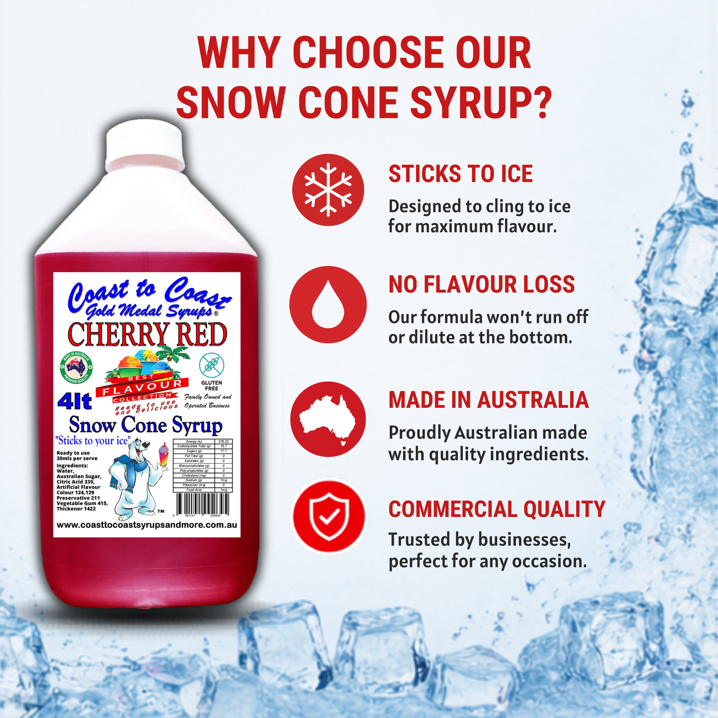 6 Cherry Red Snow Cone Syrup, 4Ltr, Premium Ice Syrup, Coast to Coast Gold Medal Syrups®
