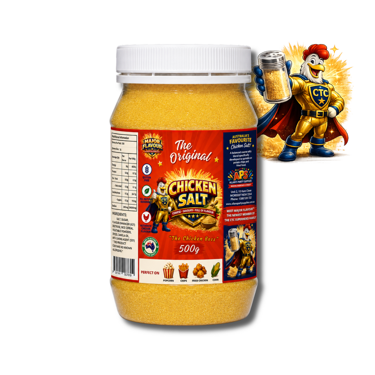 Major Flavour™ Premium Chicken Salt, 500g Jar, Coast to Coast Gold Medal Syrups®