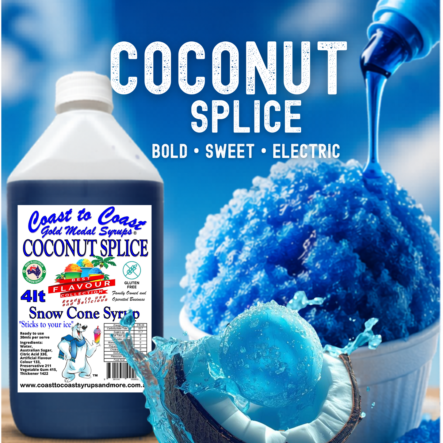 6 Coconut Splice Snow Cone Syrup, 4Ltr, Premium Ice Syrup, Coast to Coast Gold Medal Syrups®