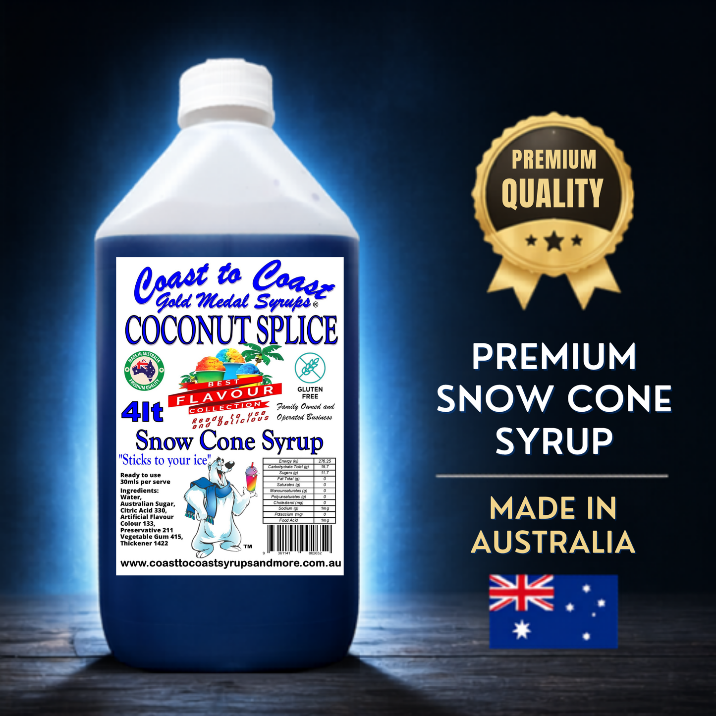 6 Coconut Splice Snow Cone Syrup, 4Ltr, Premium Ice Syrup, Coast to Coast Gold Medal Syrups®