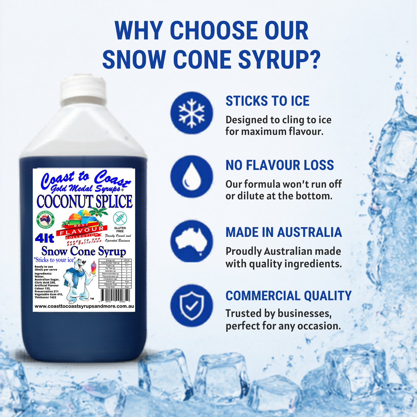 6 Coconut Splice Snow Cone Syrup, 4Ltr, Premium Ice Syrup, Coast to Coast Gold Medal Syrups®