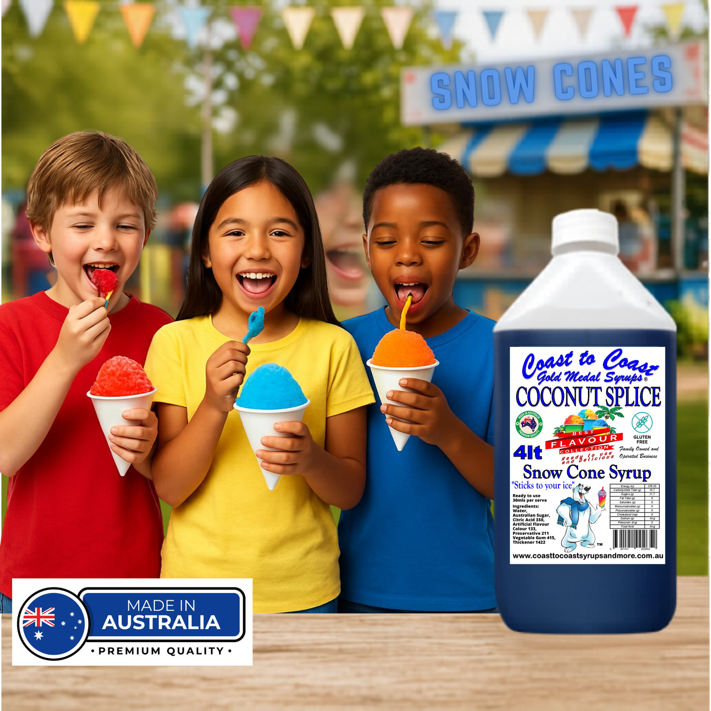 6 Coconut Splice Snow Cone Syrup, 4Ltr, Premium Ice Syrup, Coast to Coast Gold Medal Syrups®
