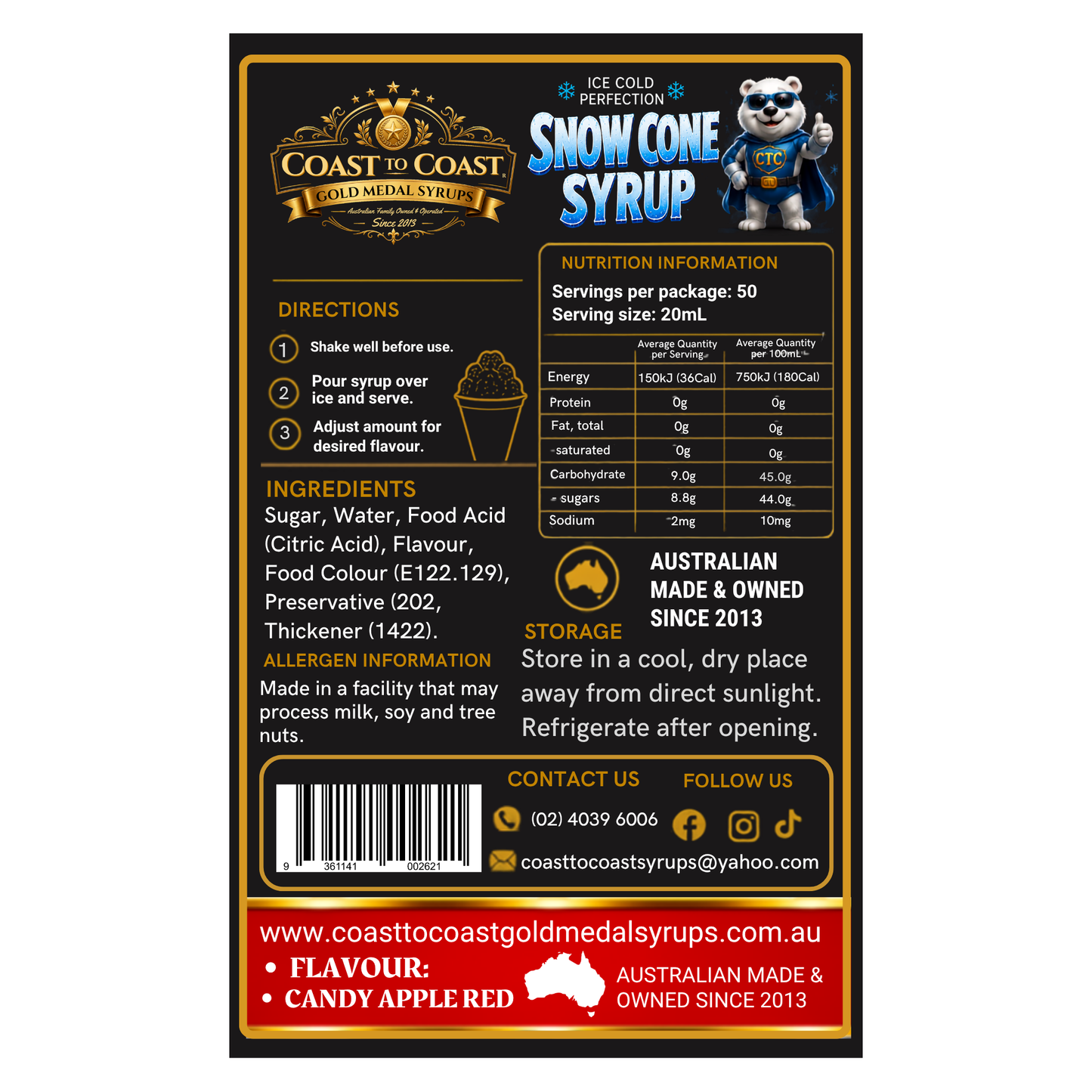 Candy Apple Red Snow Cone Syrups 4ltr - Coast to Coast Gold Medal Syrups®
