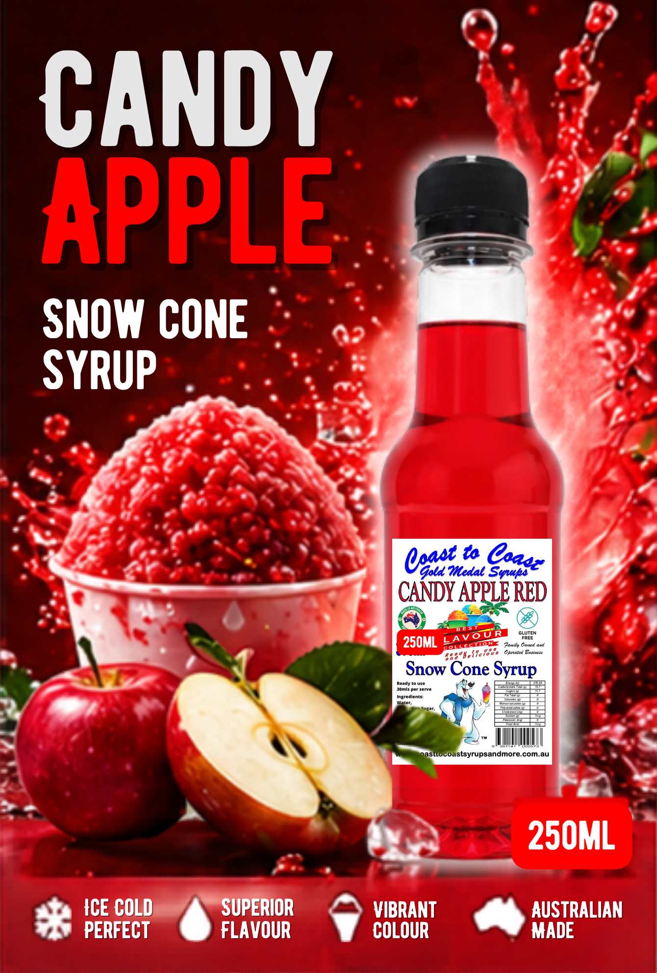 1.Candy Apple Red Snow Cone Syrup 250ml – Premium Ice Syrup | Coast to Coast Gold Medal Syrups®