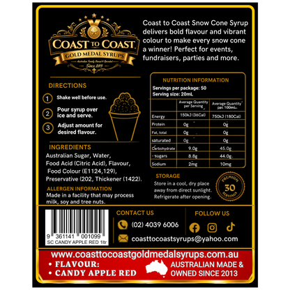 Candy Apple Red Snow Cone Syrups 1ltr - Coast to Coast Gold Medal Syrups®