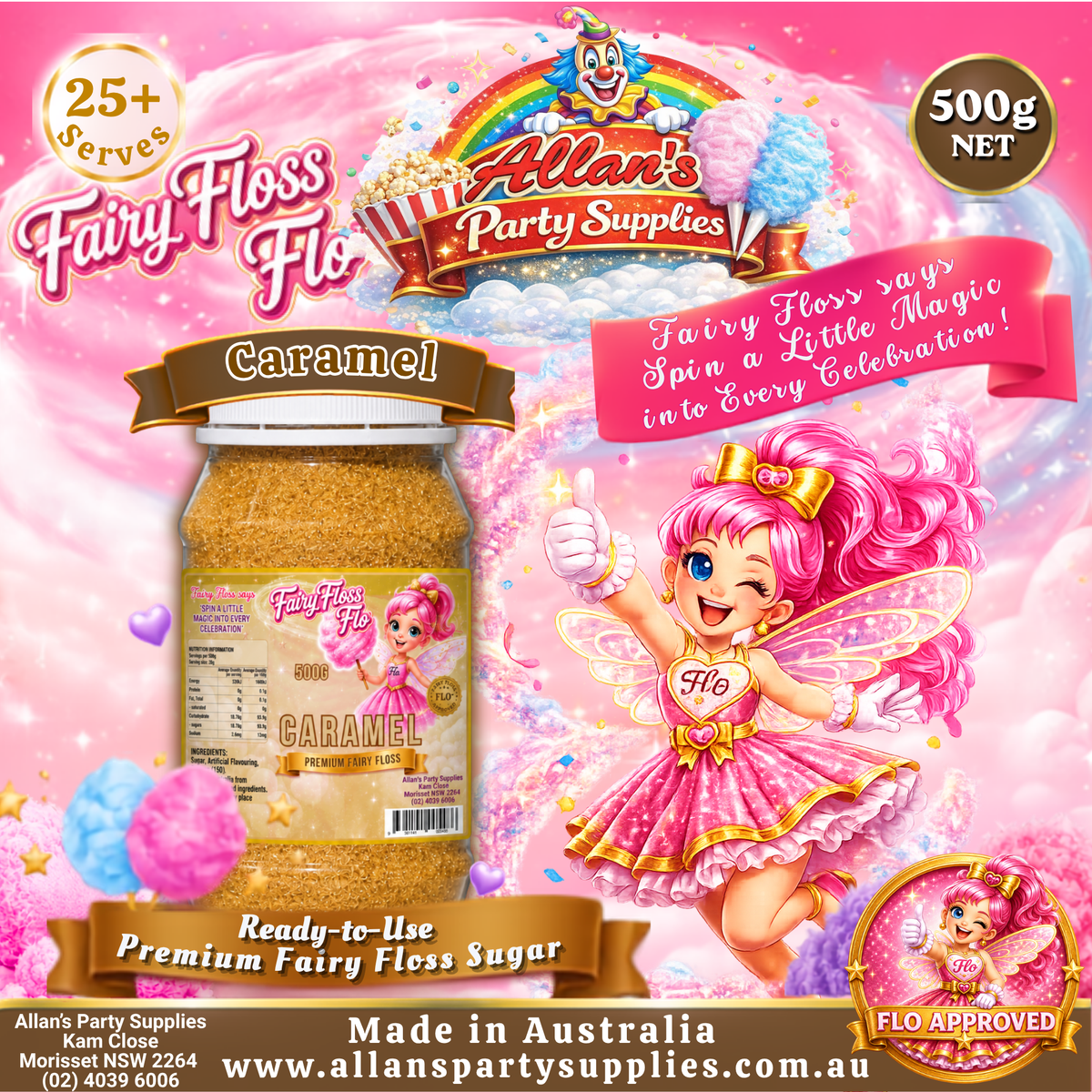 Caramel Fairy Floss Sugar – 500g Jar - Allan's Party Supplies