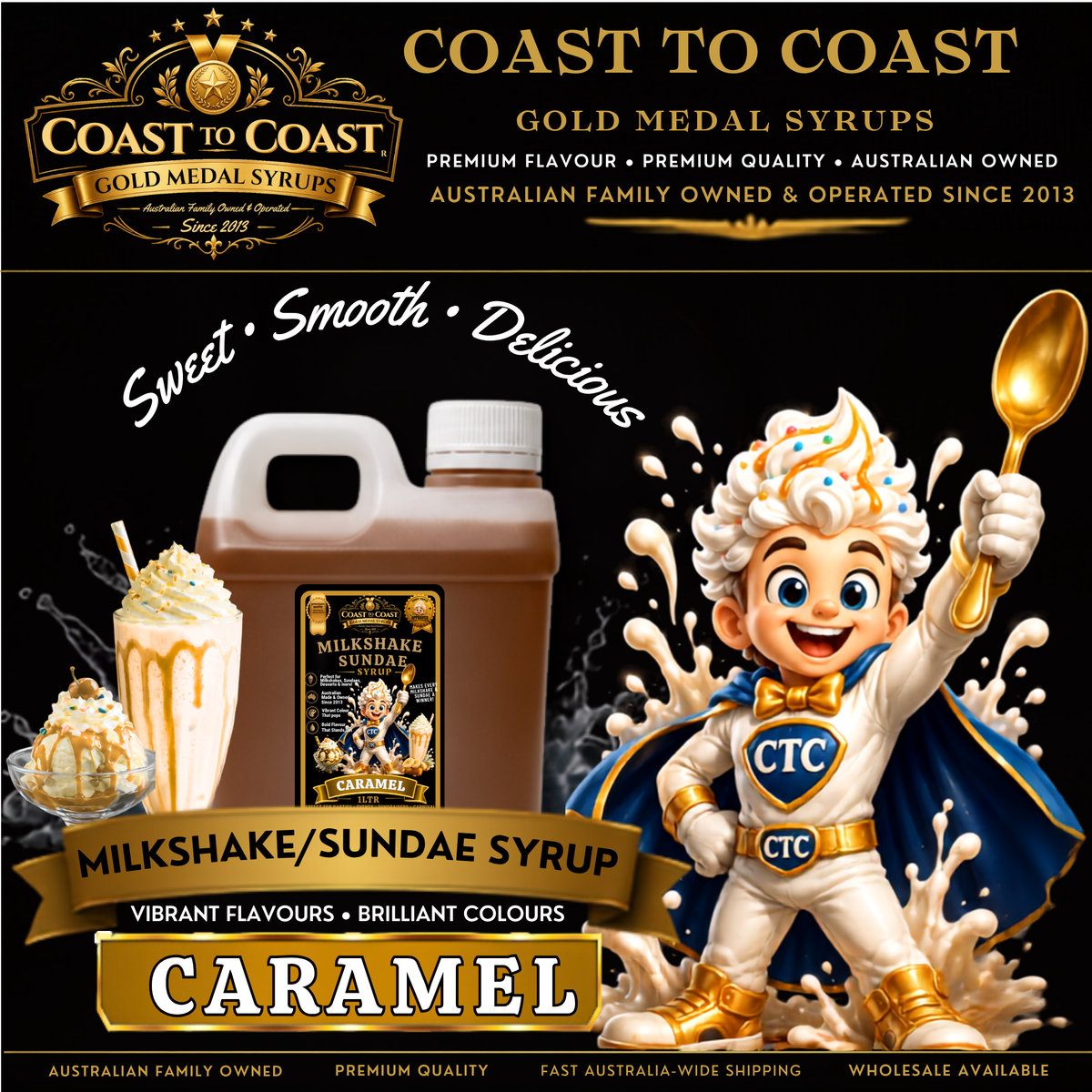 Caramel, Milkshake/Sundae toppings 1ltr - Coast to Coast Gold Medal Syrups®