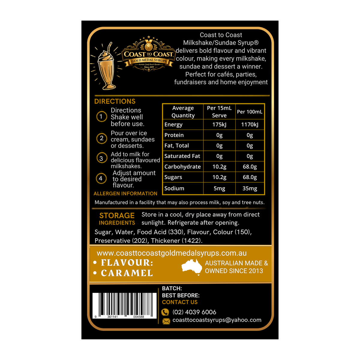 Caramel, Milkshake/Sundae toppings 1ltr - Coast to Coast Gold Medal Syrups®