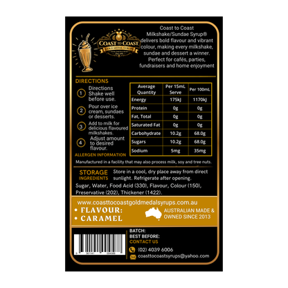 Caramel, Milkshake/Sundae toppings 1ltr - Coast to Coast Gold Medal Syrups®