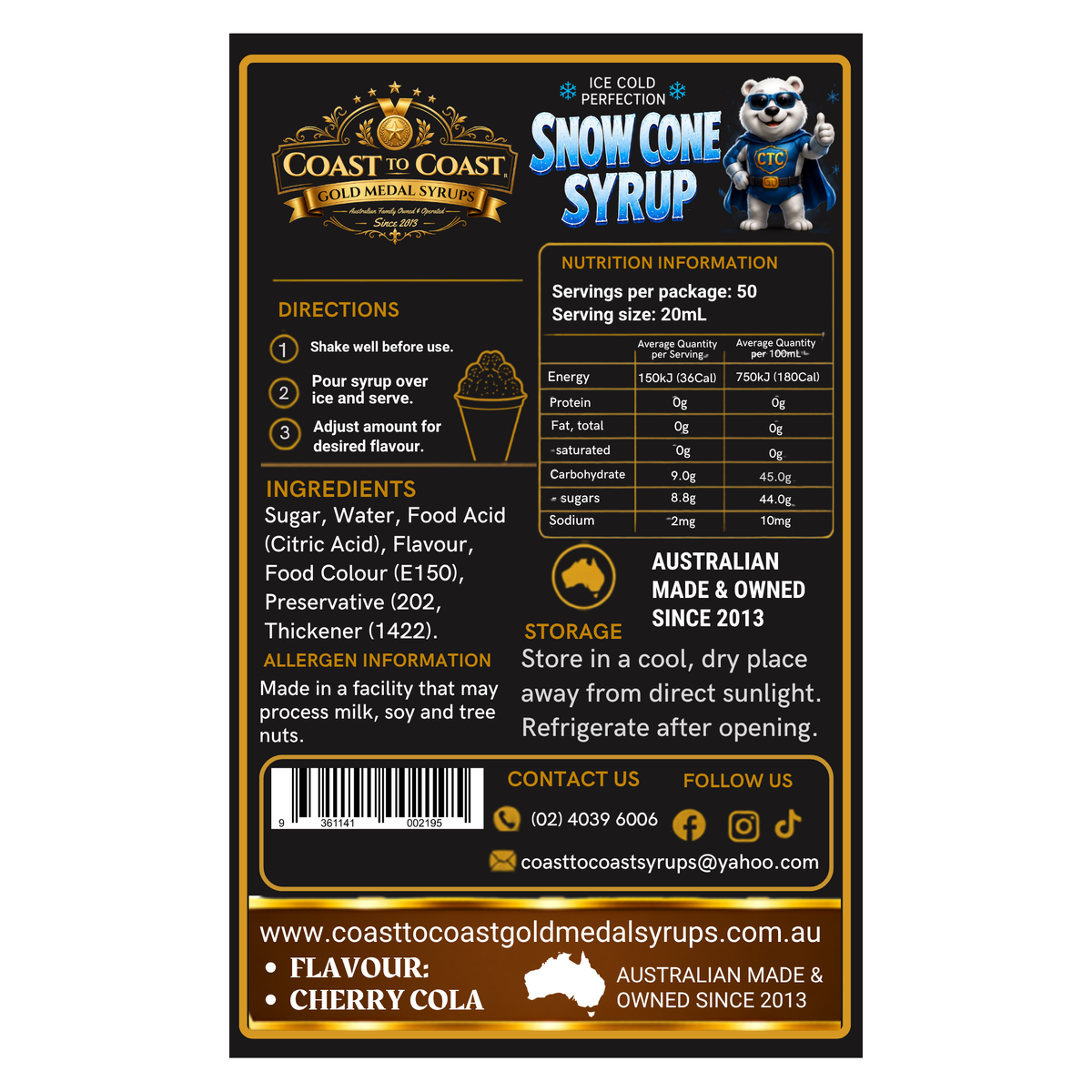 Cherry Cola Snow Cone Syrups 2ltr - Coast to Coast Gold Medal Syrups®